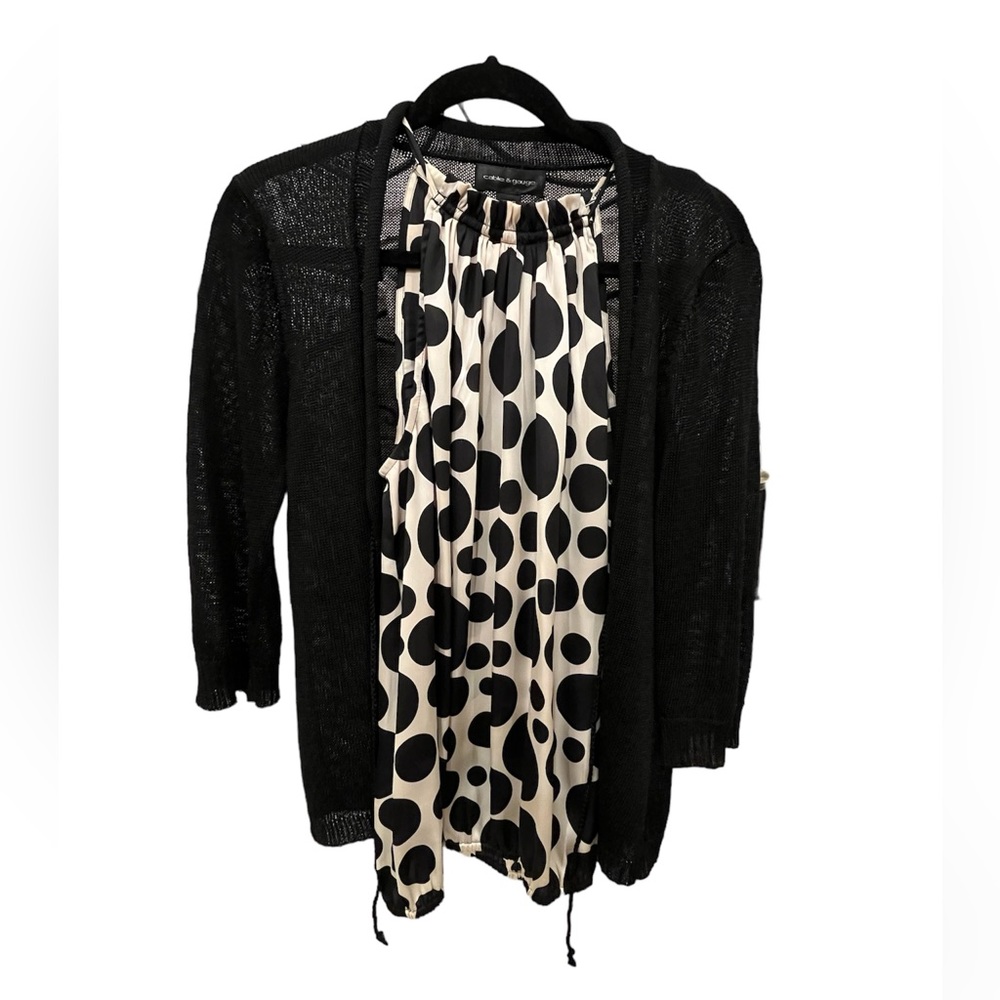 Linen & rayon little black sweater with a black & ivory polka dot blouse.
